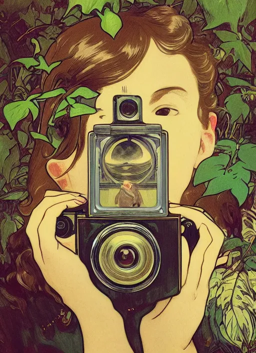 Image similar to photographer looking through a vintage camera, design on white background, beautiful details, lush foliage, gold, drawn by john singer sargent, studio ghibli, alphonso mucha, lolish, trending on artstation