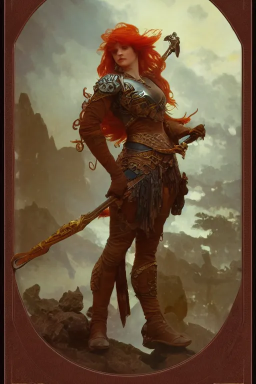 Image similar to face matte portrait of a red haired valkyry in a heroic pose and wearing thick bronze plate armo art by albert bierstadt, alphonse mucha, andreas rocha, greg rutkowski, sharp edges. ultra clear detailed. 8 k. elegant. octane render