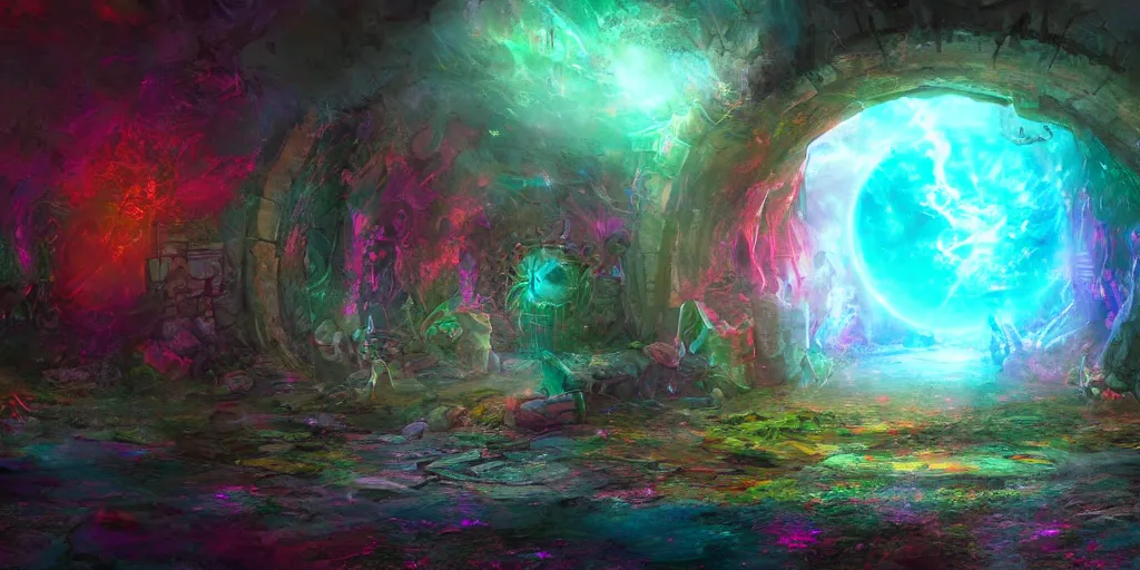 Prompt: colorful portal to another realm, apocalyptic fantasy, mmo, digital art, 4 k