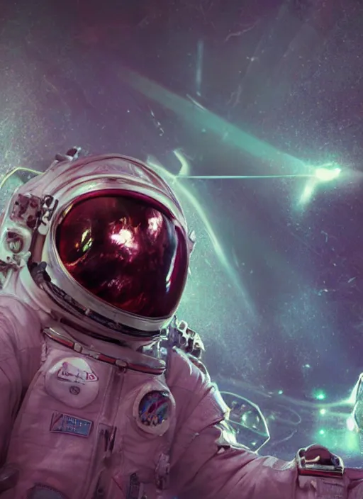 Prompt: complex poster by craig mullins astronaut in futuristic dark and empty spaceship underwater. infrared glowing lights. complex and hyperdetailed technical pink suit. reflection and dispersion materials. rays and dispersion of light. volumetric light. 5 0 mm, f / 3 2. noise film photo. lens flare. flash photography. unreal engine 4, octane render. interstellar movie art