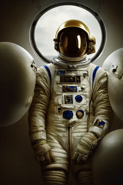 Image similar to extremely detailed studio portrait of space astronaut, helmet off, helmet on lap, full body, soft light, golden glow, award winning photo by michal karcz and yoshitaka amano