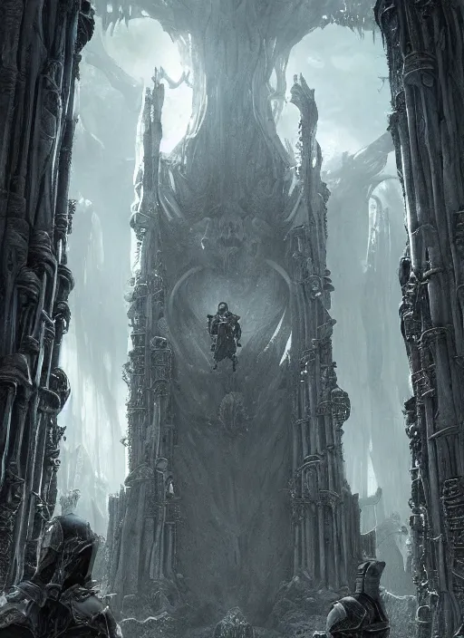 Image similar to a medieval adventurer inside an enormous alien cathedral made of skulls, lord of the rings landscape, huge statues, portal to another dimension, cinematic lighting, highly detailed, sharp focus, perfect composition, 4 k, artgerm, derek zabrocki, greg rutkowski, octane render