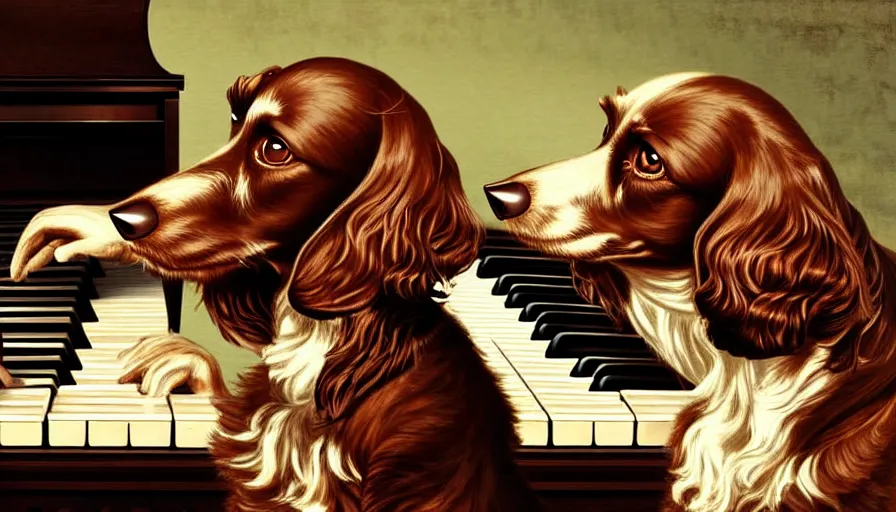 Prompt: a brown Spaniel with a white chest playing piano. Artwork, classic, famous, style of Cassius Marcellus Coolidge.