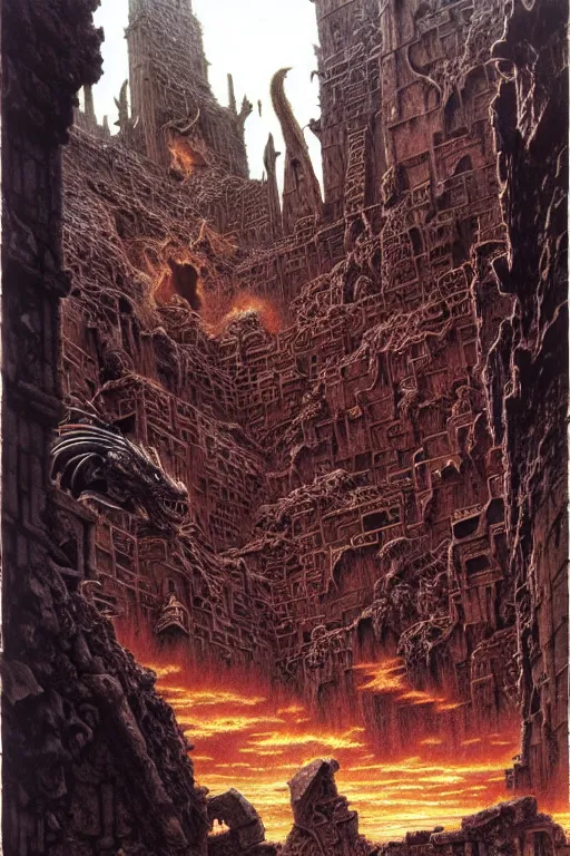 Prompt: dragon god addresses dark cultists and hooded devotees in a ruined city of marble, magma and rock, fantasy concept art, masterpiece, fantasy art, hyperdetailed, hyperrealism, art by hildebrandt, donato giancola, larry elmore, arthur rackham, beksinski