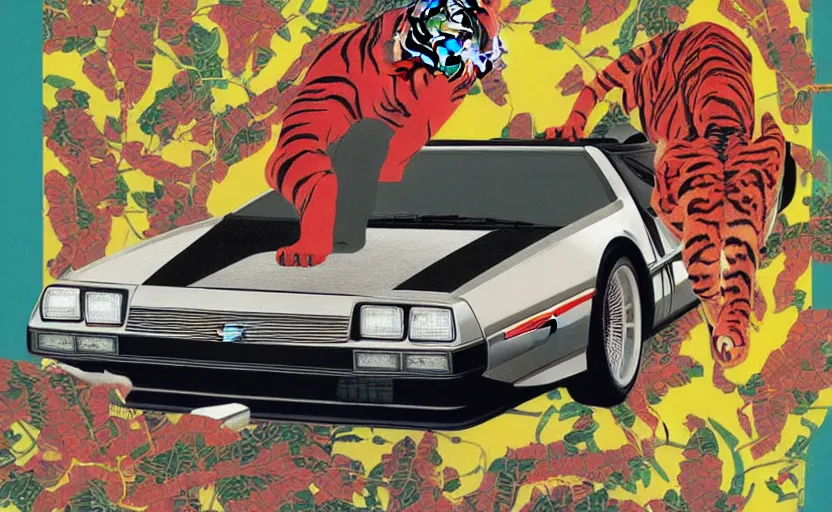 Image similar to a red delorean and a yellow tiger, painting by hsiao - ron cheng & utagawa kunisada, magazine collage style,