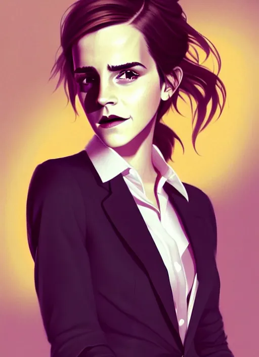 Image similar to a ultradetailed beautiful panting of emma watson wearing a stylish shirt with a tie, she has black hair, dancing, background explosion, by jesper ejsing, ilya kuvshinov, greg rutkowski on artstation