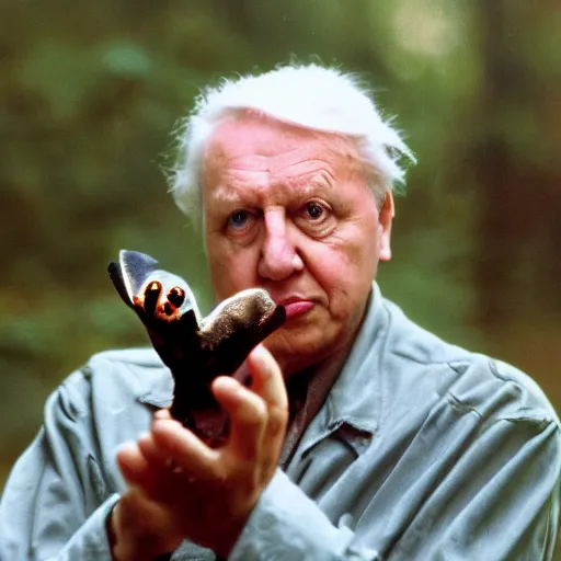 Image similar to Sir David Attenborough holding Mothman