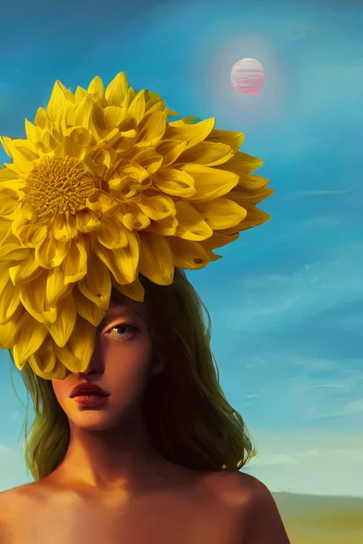 Image similar to closeup girl with huge yellow dahlia flower as a head, on beach, surreal photography, blue sky, sunrise, dramatic light, impressionist painting, digital painting, artstation, simon stalenhag