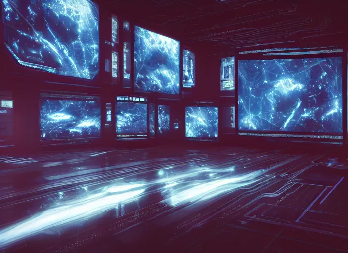 Image similar to a dimly lit room with a wall of televisions and computer screens showing images of aliens, planets and data. Cyberpunk vibes. Sci-fi. Realistic photography art. Zack Snyder. DSLR. 8k Resolution. VRay