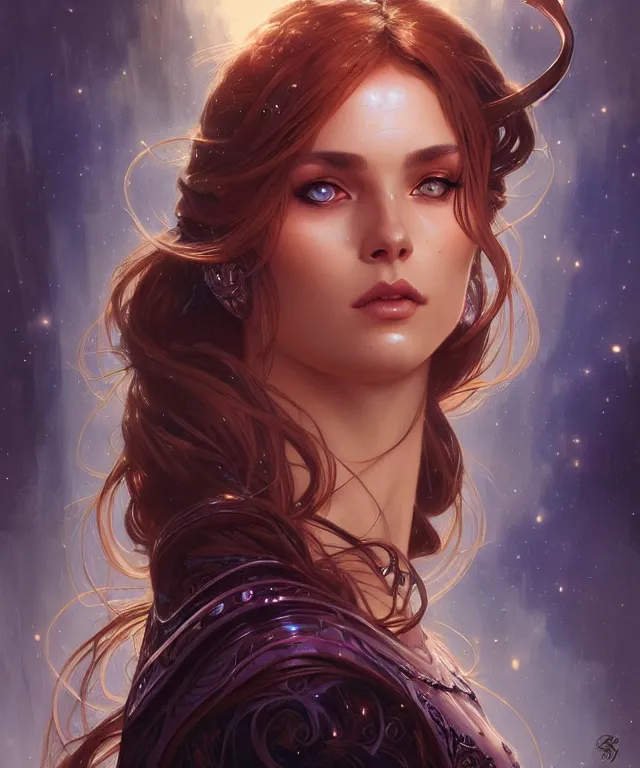 Image similar to fantasy magic woman portrait, sci-fi, amber eyes, face, long hair, fantasy, intricate, elegant, highly detailed, digital painting, artstation, concept art, smooth, sharp focus, illustration, art by artgerm and greg rutkowski and alphonse mucha