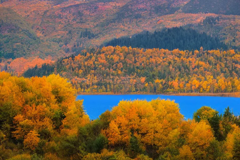 Image similar to a mountain with a radio tower next to a pond, autumn hills in background. telephoto lens photography.