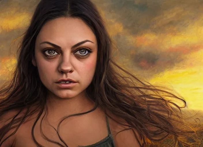 Image similar to big-eyed surprised Mila Kunis staring intensely into the camera, sundown golden hour firefly wisps, Lilia Alvarado, Sophie Anderson, Mark Arian, Bob Byerley, Charlie Bowater, Mark Brooks, Steve Henderson, Justin Gerard, Arthur Hughes, Edward Robert Hughes, Mark Keathley, Victor Nizovtsev, Carlos Shwabe, Ross Tran, WLOP