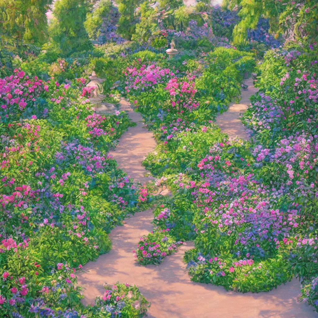 Image similar to A beautiful french garden, very detailed and perfectly readable fine and soft relevant outlines soft edges painting by beautiful walt disney animation films of the late 1990s, nice lighting, perfect readability, UHD upscale