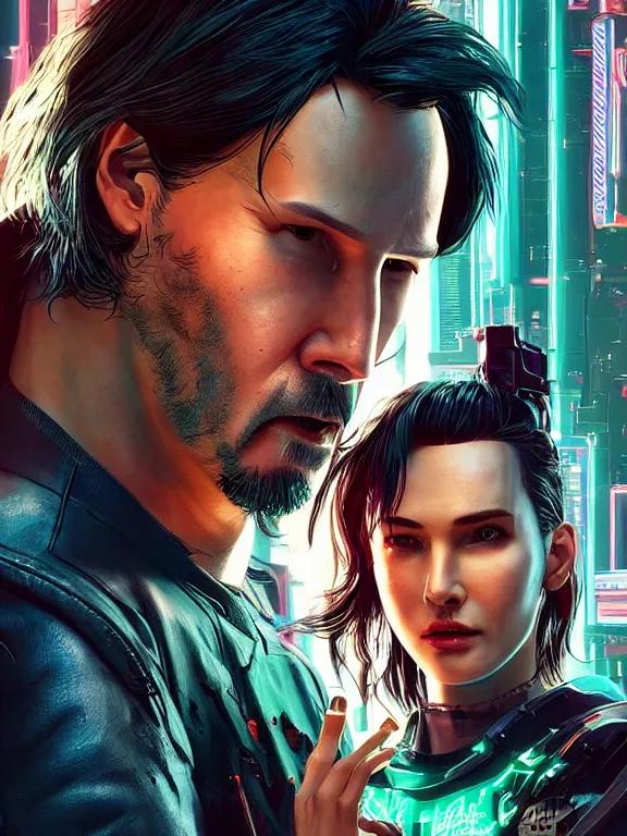 Prompt: a cyberpunk 2077 couple portrait of Keanu Reeves holding V,complex mess of cables and wires behind them connected to giant computer,love story,film lighting,by laurie greasley,Greg Hildebrandt,William Morris,Dan Mumford,trending on atrstation,FAN ART,full of color,Digital painting,face enhance,highly detailed,8K, octane,golden ratio,cinematic lighting