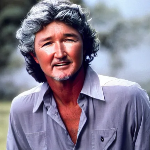 Image similar to patrick duffy as a hippy, he has grown long hippy grey hair, wearing a white shirt