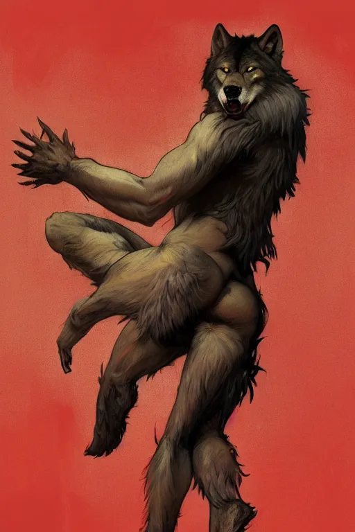 Prompt: full figure portrait of a beautiful young fit male werewolf, wolf head, partially male hairy torso, fur covered legs, luminose background, by greg rutkowski and alphonse mucha, d & d character, gradient red to black, in front of a forest background, highly detailed portrait, digital painting, artstation, concept art, smooth, sharp focus ilustration, artstation hq