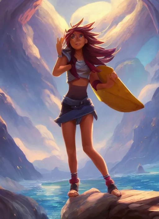 Image similar to youthful taliyah, from league of legends, au naturel, with abs, rock surfer, hyper detailed, mountain background, digital art, trending in artstation, cinematic lighting, studio quality, smooth render, unreal engine 5 rendered, octane rendered, art style by klimt and nixeu and ian sprigger and wlop and krenz cushart
