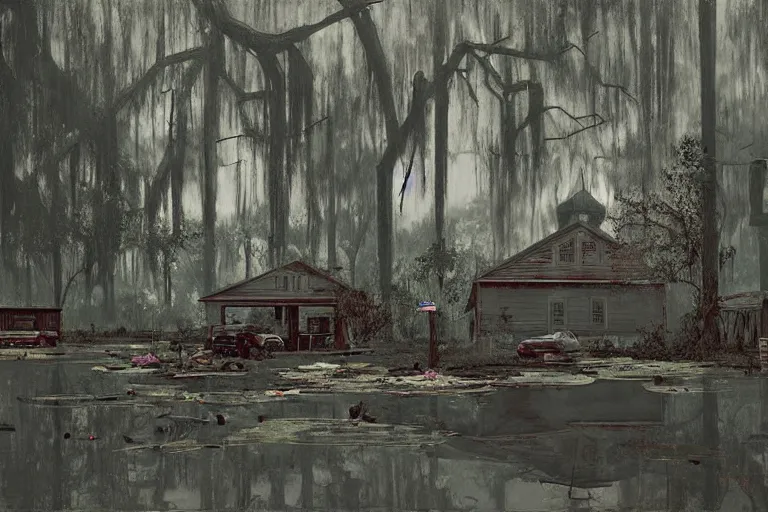 Prompt: scene from louisiana swamps, old protestant church with neon satanic pentagram, junkyard by the road, boy scout troop, voodoo artwork by tim eitel