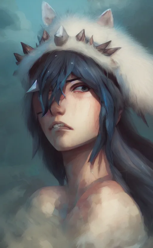 Prompt: Princess Mononoke, close up portrait by loish and WLOP, octane render, dynamic lighting, highly detailed, sharp focus, asymmetrical portrait, dark fantasy, trending on ArtStation