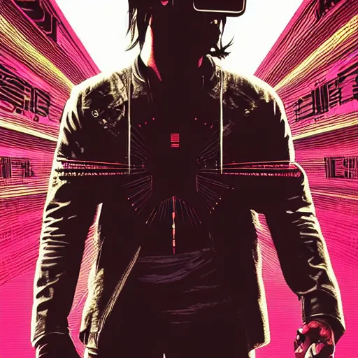 Prompt: Illustrated by Shepard Fairey and H.R. Geiger | Cyberpunk Keanu Reevse with VR helmet, surrounded by cables