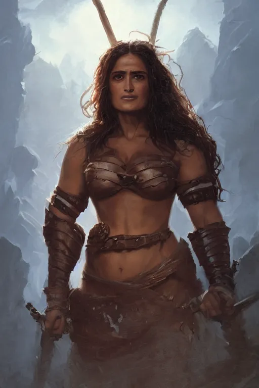 Image similar to portrait, Salma Hayek , barbarian , face portrait, raphael lacoste, eddie mendoza, alex ross, concept art, matte painting, highly detailed, rule of thirds, dynamic lighting, cinematic, detailed, denoised, centerd