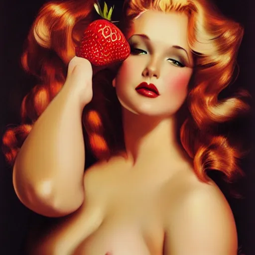 Prompt: a curvy, radiant, bubbly, 2 5 - year - old canadian plus - size model, long strawberry - blond hair, creamy skin, portrait, illustration by rolf armstrong