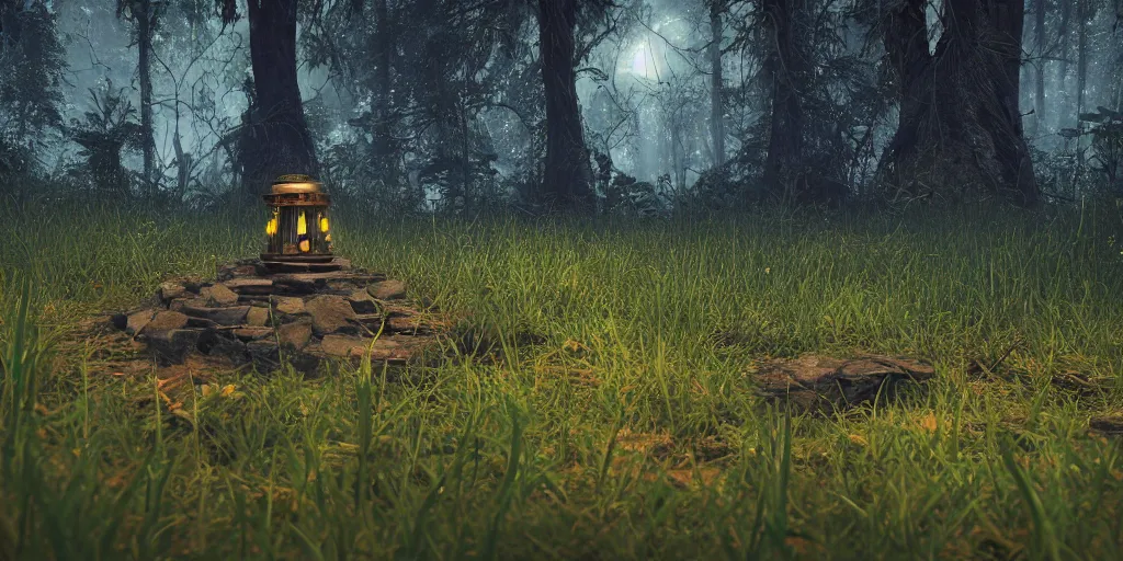 Image similar to a close shot to a mysterious relic in the middle of the forest, night, fireflies unreal engine 5, depth of field, rule of thirds, contest winner, cgsociety, brilliant colors, colorful