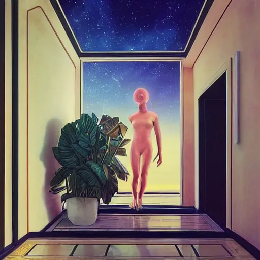 Image similar to indoor liminal space, astronaut, golden light, greg rutkowski, palm trees, pink door, minimalistic, hyperrealistic surrealism, award winning masterpiece with incredible details, epic stunning, infinity pool mirrors, a surreal vaporwave liminal space with mirrors, highly detailed, trending on artstation, artgerm and greg rutkowski and alphonse mucha, daily deviation