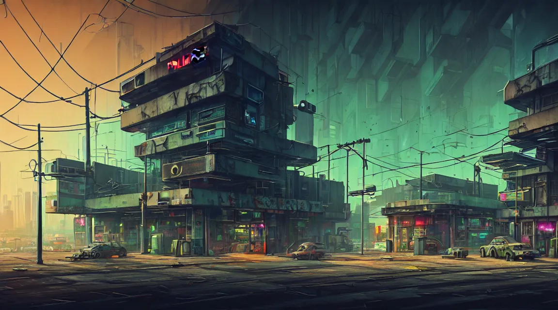 Image similar to post apocalyptic cyberpunk police station, building, avenue, urban architecture, americana architecture, concrete architecture, cloudy sky, paved roads, in the style of simon stalenhag, guido borelli, trending on artstation, photorealistic, wild vegetation, utopian, futuristic, blade runner, vivid colors scheme, neon signs, sharp, clear, focus