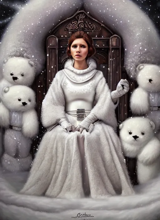 Image similar to highly detailed closeup portrait of a snow, ice princess as princess leia sitting on a throne surrounded by fluffy bears, nicoletta ceccoli, mark ryden, lostfish, earl nore, global illumination, god rays, detailed and intricate environment