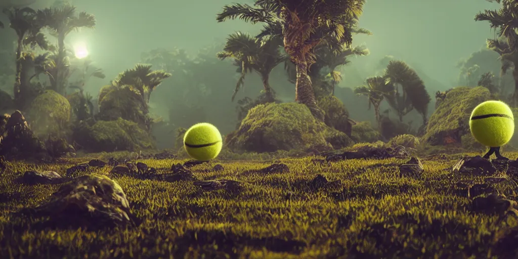 Image similar to a cinematic poster photo of 8 k ultra realistic tennis ball monsters, exotic, cinematic lighting, trending on artstation, 4 k, hyperrealistic, focused, high details, unreal engine 5, cinematic, alien planet atmosphere in background, 3 d render by beeple