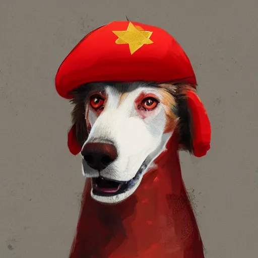 Prompt: Portrait painting of a antropormophic Red Borzoi Dog using a communist red beret as an Overwatch character, medium shot, asymmetrical, profile picture, Organic Painting, sunny day, Matte Painting, bold shapes, hard edges, street art, trending on artstation, by Huang Guangjian and Gil Elvgren and Sachin Teng