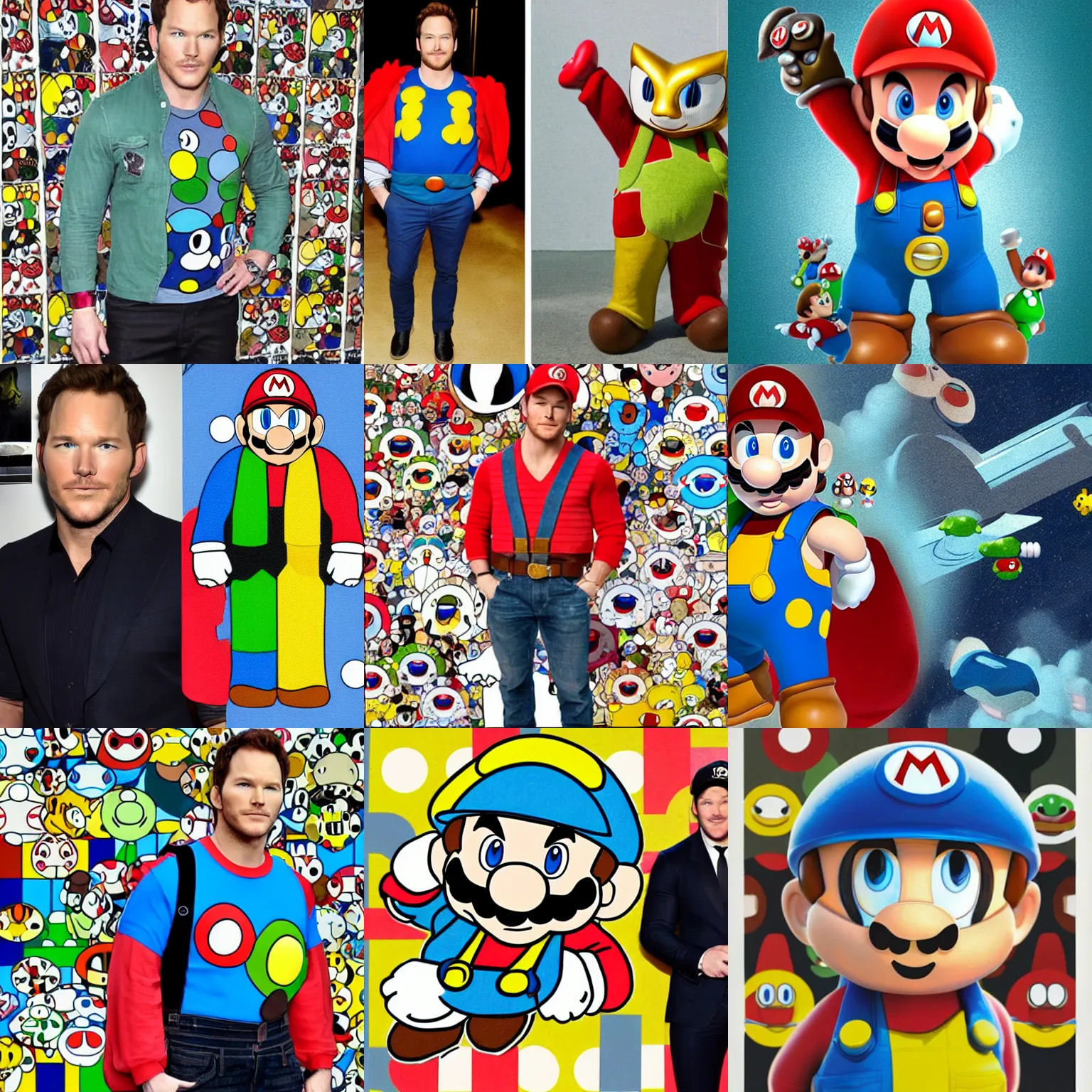 Prompt: Chris Pratt wearing Super Mario outfit, artwork, modernism, takashi murakami