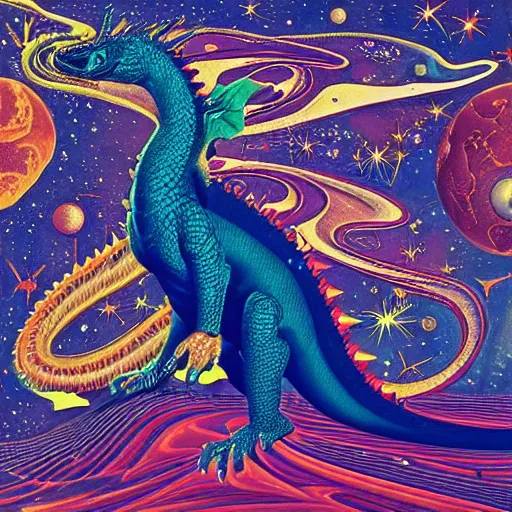 Image similar to composed by howard arkley, by beeple, by jean auguste dominique ingres. a body art of a dragon in space. the dragon is in the foreground with its mouth open rows of sharp teeth. coiled & ready to strike, its tail is wrapped around a star in the background. background is full of stars & galaxies.