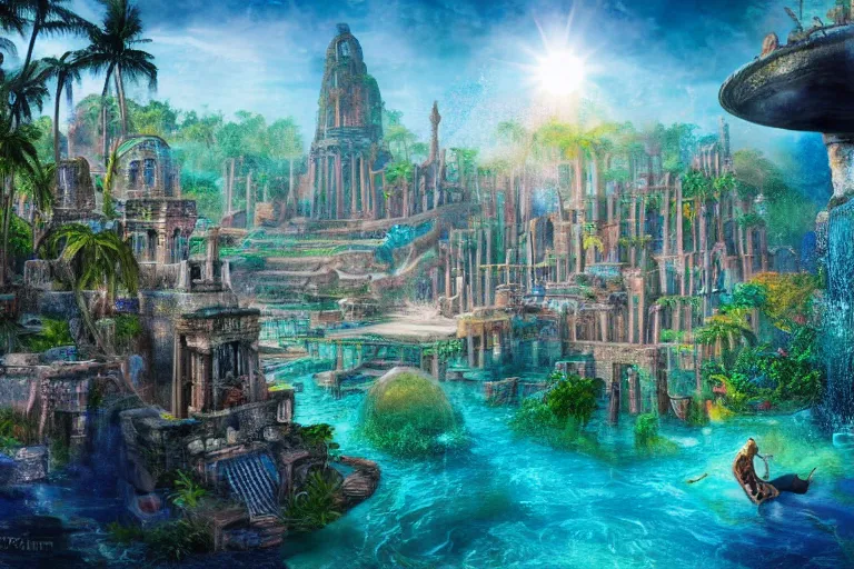 Prompt: lost city of atlantis, hyper realism, colorful, 8 k, realistic, psychedelic