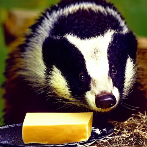 Image similar to happy badger eating a huge piece of cheese, beautiful professional photography, 8 k hd, 3 5 mm film,