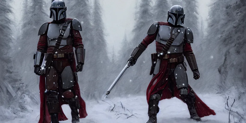 Image similar to a mandalorian with a red and grey helmet facing a long dark haired jedi man, from side view close up, in a snowy forest setting, hard edges concept art, highly detailed, great cinematic lighting, depth of field, art by greg rutkowski, trending on artstation