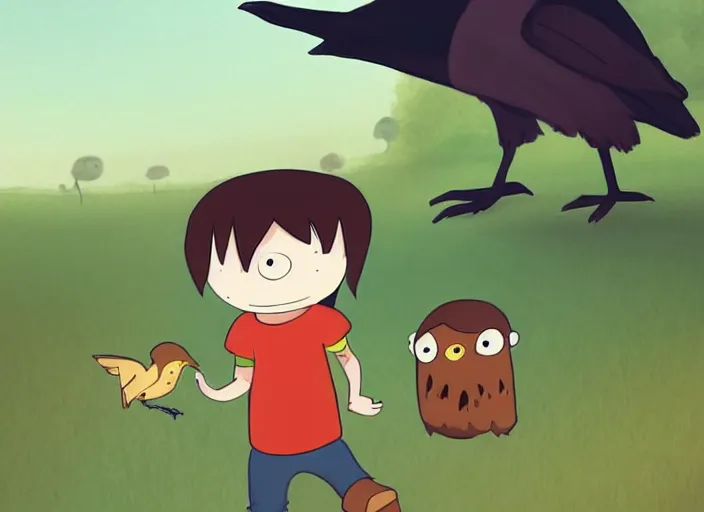 Prompt: cartoon still, a small boy with dark hair, wearing farm clothes, he has a small crow on his shoulder, artstation, inspired by adventure time, by padleton ward