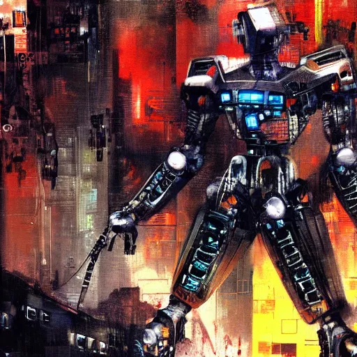 Image similar to a full-metal neon robot sobs when seeing the devastation of cyberpunk Santiago of Chile, oil on canvas by Yoji Shinkawa and Dave McKean