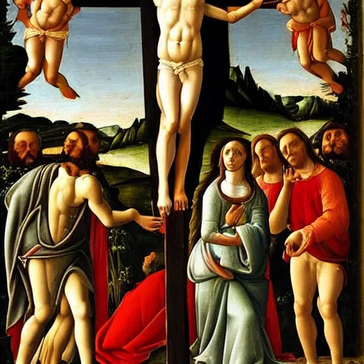 Prompt: !dream a detailed renaissance painting of a woman being crucified on a cross like Christ in the style of Botticelli