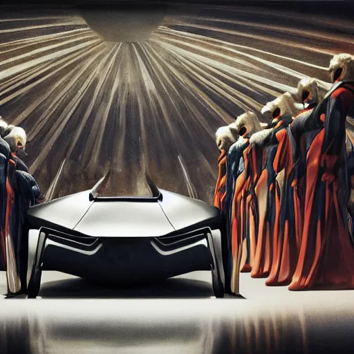 Image similar to sci-fi organic zaha hadid car 50% of canvas and wall structure in the coronation of napoleon painting by Jacques-Louis David and in the blade runner 2049 film search pinterest keyshot product render ultra high detail ultra realism 4k in plastic dark tilt shift