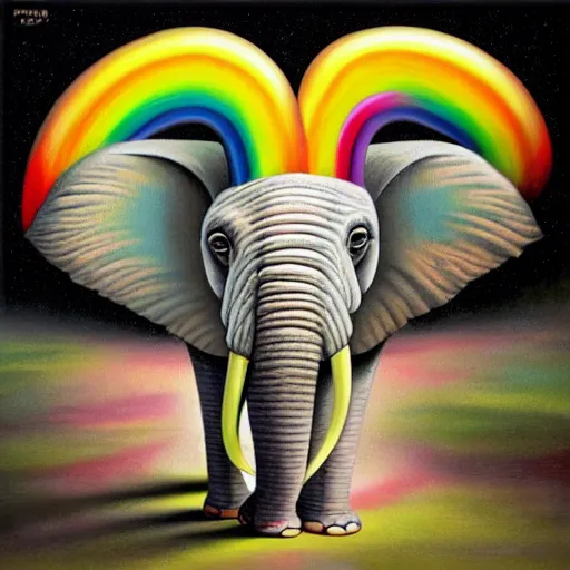 Image similar to a surreal picture of a rainbow - coloured elephant by mark ryden insanely quality, elegant, highly detailed, digital painting, artstation, concept art, pop, smooth, sharp focus, illustration, art by mark ryden and lisa frank and dali 3 d 8 k ultra detailed