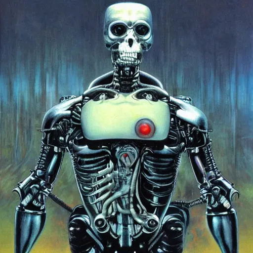 Prompt: The Terminator (1984) by Gerald Brom, glowing eyes