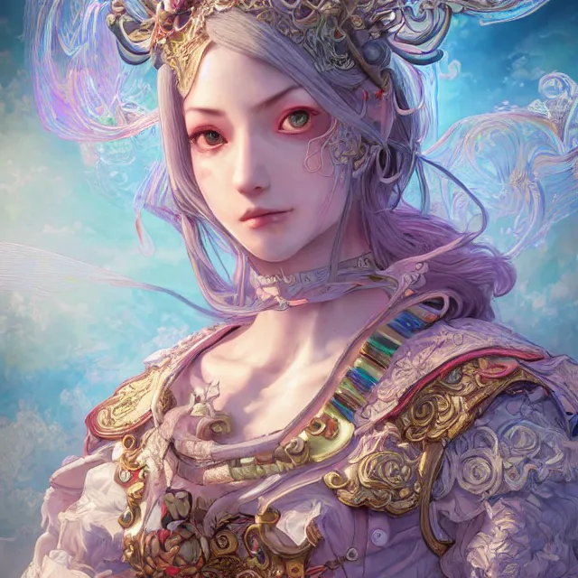 Prompt: studio portrait of neutral good rainbow colorful female cleric bard healer as absurdly beautiful, elegant, young skinny sexual european gravure idol, an ultrafine hyperdetailed illustration by kim jung gi, intricate linework, detailed faces, super sharp focus, bright colors, octopath traveler, final fantasy, unreal engine 5 highly rendered, global illumination, radiant light, detailed and intricate environment