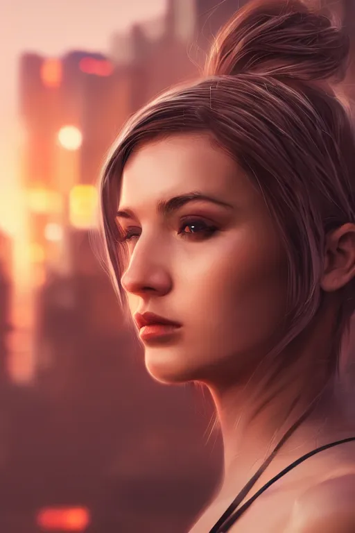 Prompt: hyperrealistic close up portrait of stunningly beautiful girl, lit by dawn light, cyberpunk city on background, trending on artstation, unreal engine