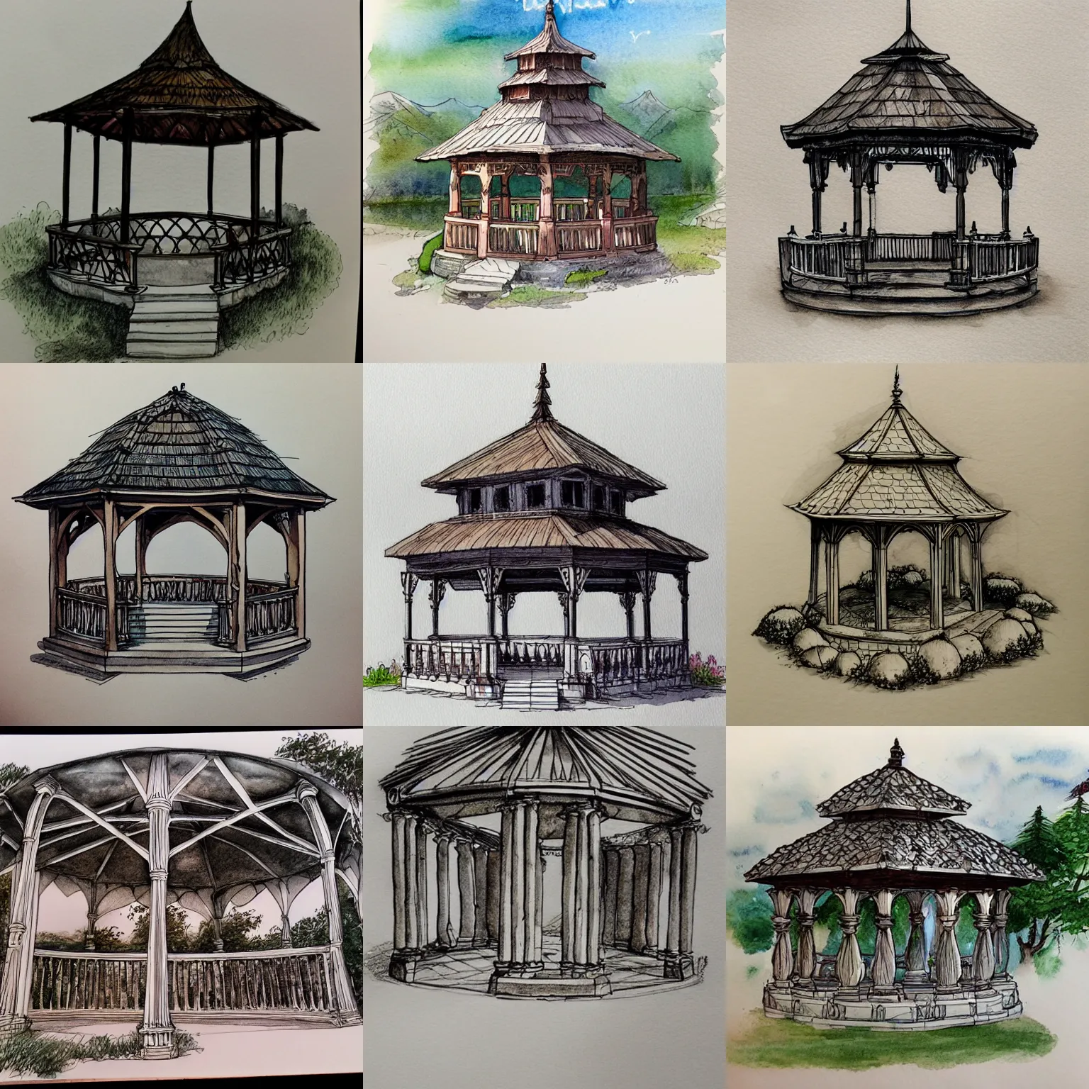 Prompt: beautiful aesthetic inspirational masterful professional ink pen and watercolor sketch of a fantasy gazebo, ultra detailed, fine details, trending on artstation, high quality paper