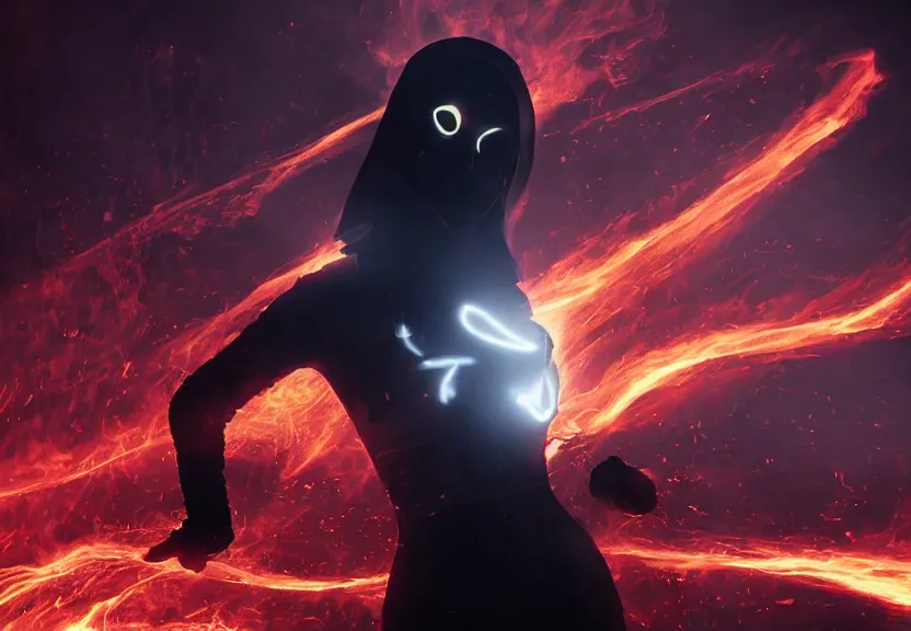 Prompt: low angle shot of a Woman made of black flames, wearing a strict business suit, with no face, with no mouth, with glowing red eyes, with a red halo over her head, with red halo, in an action pose, fiery waves around her, surrounded by war, authoritarian, tense, madness combat, strong dramatic cinematic lighting , blood red sky, harsh dark clouds, grey skin, smooth, sharp focus, extremely detailed, illustration, digital painting, artstation, sharp focus, by Godmachine and Annie Swynnerton and Nicholas Roerich