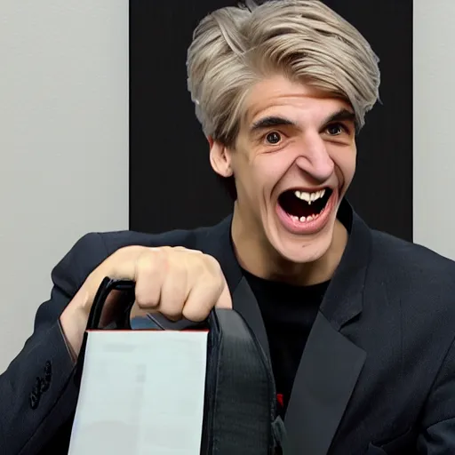 Prompt: xQc robbing a bank laughing, portrait, realistic 4k