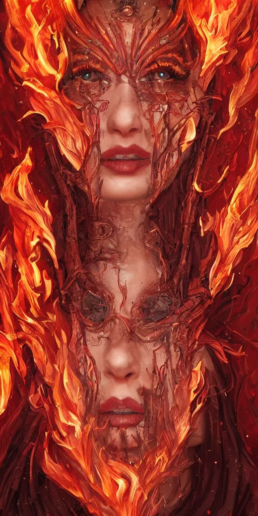 Image similar to Fantasy character portrait of distorted detailed painting of a queen woman made of fire, hyper detailed, red flames, trending on Artstation