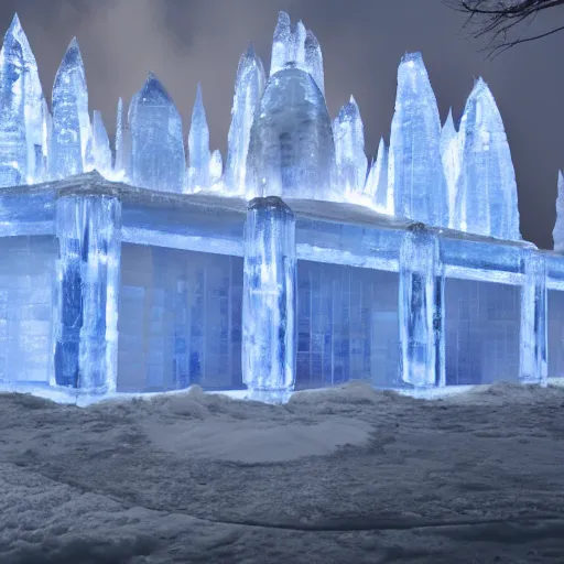 Prompt: ice palace that burns with blue fire